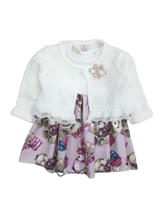 Girls Dress Long Sleeve Knitted Set with Coat and Accessories White, Pink