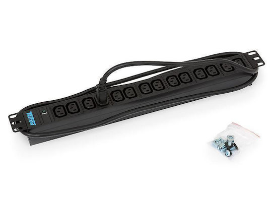 19'' Distribution Panel 1u 14x Iec320 C13 Max 10 A Cable 3x1.5mm Plug Iec320 C14 Length 2m Black Ral9005