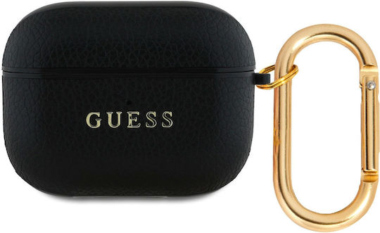 Guess Logo Case Θήκη Δερμάτινη με Γάντζο σε Μαύρο χρώμα για Apple AirPods 3
