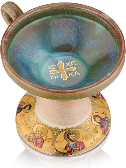 Cădelniță din lut cu imprimeuri serigrafice ale sfinților în diverse nuanțe, dimensiune 8 x 8 cm, bicoloră