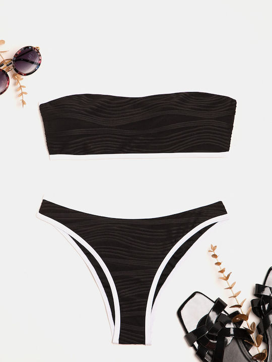 Trägerloses Texturiertes Hochtailliertes Bikini-Set Schwarz