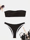 Trägerloses Texturiertes Hochtailliertes Bikini-Set Schwarz