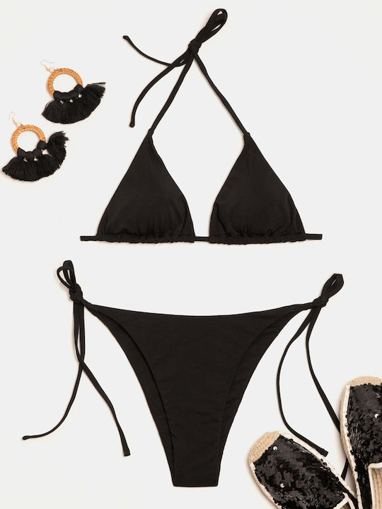 Black Ribbed Triangle Bikini Set