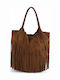 Damen-Shopper aus Leder und Wildleder mit Fransen Dunkles Cognac