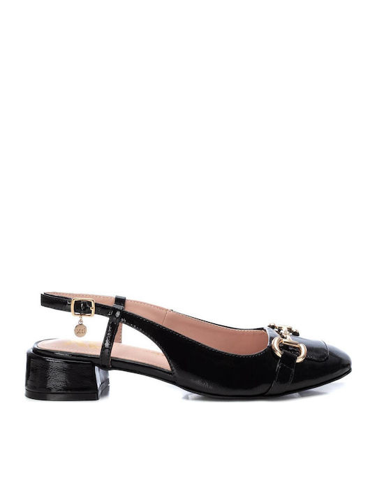 Pointed Toe Heels Made of Patent Leather with Strap and Medium Heel Animal Print Black