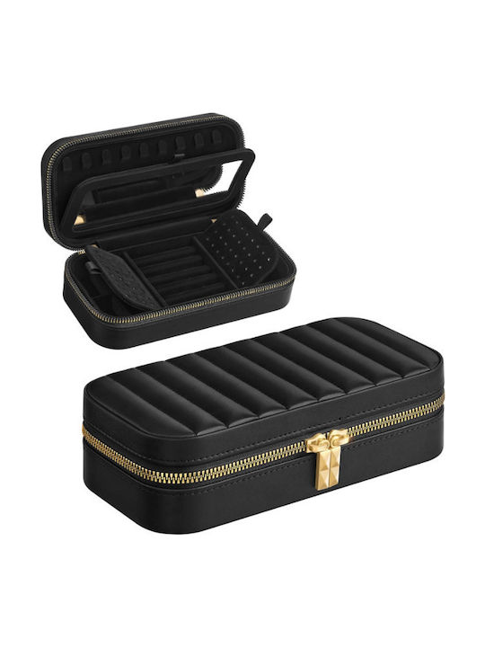 Portable Jewelry Box Mirror Zipper 10.5 X 20.5 X 6 cm Black Jbc180b01 Songmics