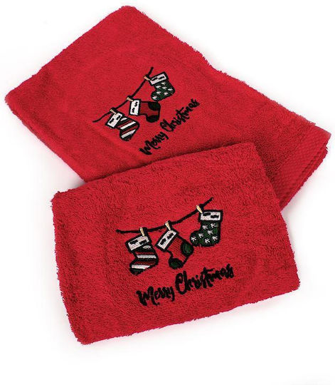 Dimcol Christmas Towel Set 2 Pieces 30x50 50x90 Christmas Socks Red 100% Cotton
