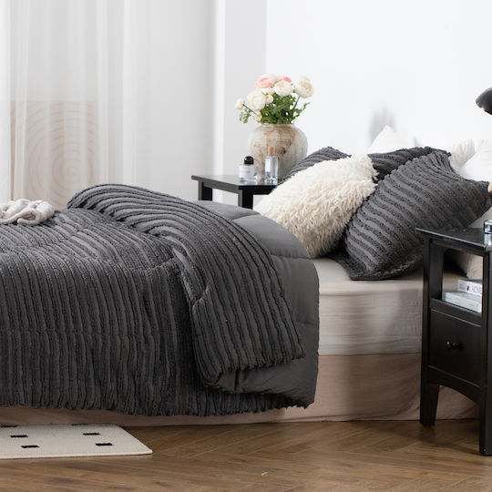 Saray Home Duvet Set Queen with Microfiber Filling 220x240cm Ruffles Charcoal 3pcs 200 GSMGsm