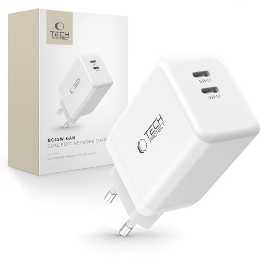 Tech-Protect Încărcător Fără Cablu GaN cu 2 Porturi USB-C 45W Albς (NC45W)