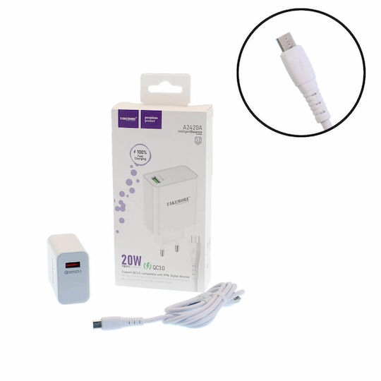 Takemore Charger with USB-A Port and Cable micro USB 20W Quick Charge 3.0 Whites (A2420A)