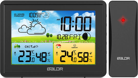Wireless Weather Station IDL Baldr+ Outdoor Sensor Hygrometer Barometer Weather Forecast Moon Phases Comfort Level Icon Alarm Clock Backlit Display Black Color