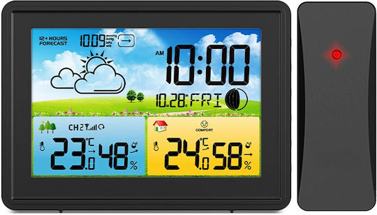 Kabellose Wetterstation Spring Idealstore Außensensor Hygrometer Barometer Wettervorhersage Mondphasen Komfortstufen-Symbol Wecker Beleuchtetes Display Schwarze Farbe