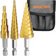 Set 3 Burghie Conice în Trepte Idealstore Oțel HHS Cozi de 6 mm Dimensiuni 4-12mm 3-12mm 4-20mm Include o Cutie de Depozitare Durabil și de Lungă Durată