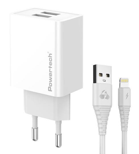 Powertech Φορτιστής με 2 Θύρες USB-A και Καλώδιο Lightning 12W Λευκός (PT-1325)
