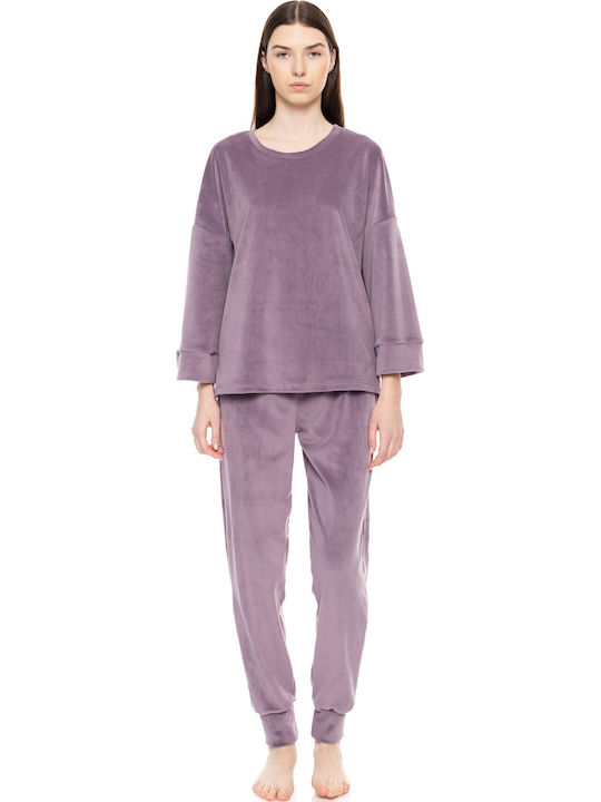 Pink Label Winter Damen Pyjama-Set Samt Purple