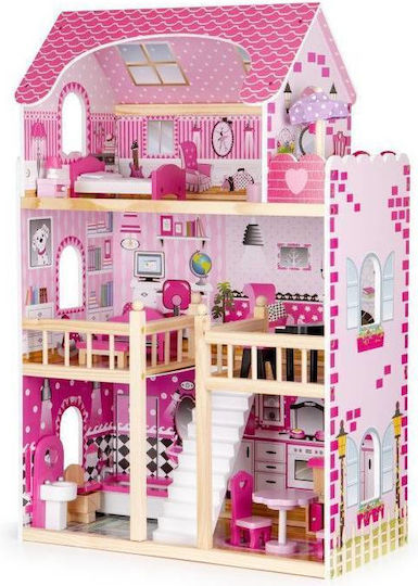 Căsuță de joacă pentru copii Bigshot Bs6391pink 3 nivele 5 camere baie bucătărie terasă lumini LED 17 piese de mobilier 90 x 59 x 30 cm roz