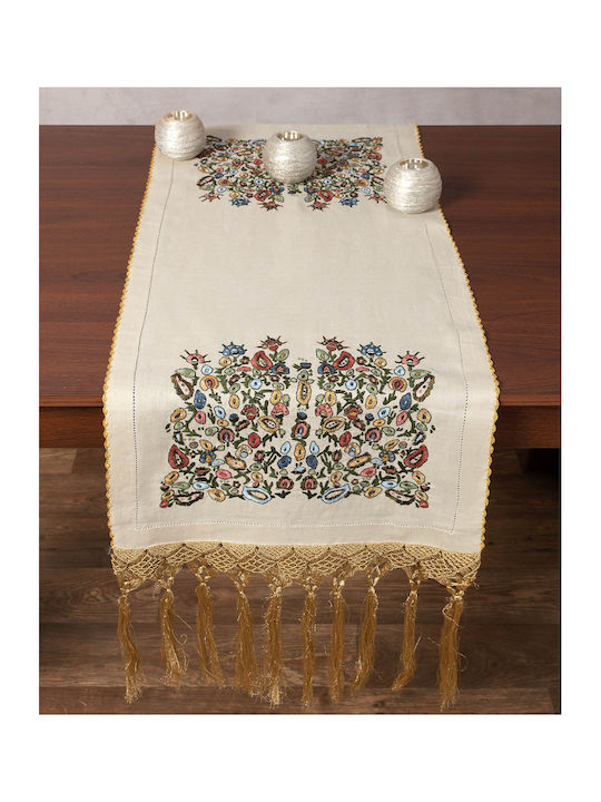 Silk Fashion Ράνερ Μεταξωτό με Κέντημα Μπεζ 45x160εκ.