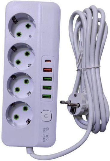 Захранваща лента 4 Позиции с 4 USB-A, 1 USB-C и Кабел 3м