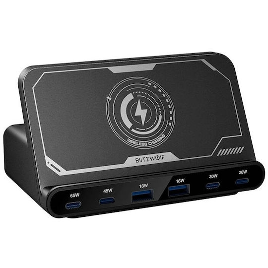 BlitzWolf Wireless Mobile Phone Charger (Qi Pad) With 2 USB-A Output Ports And 4 USB-C Output Ports 160W Quick Charge 3.0 Black (BW-S27)