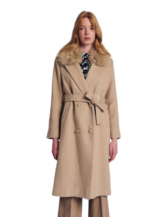 Eco Fur Collar Coat Beige