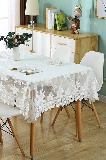 Față de masă dreptunghiulară din dantelă solidă brodată de lux pentru 4-6 persoane 130 x 180 cm albă