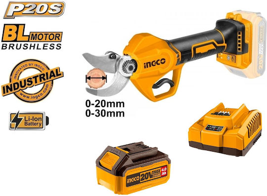 Ingco Pruning Shears Battery Brushless 20V 1x4Ah with Maximum Cutting Diameter 30mm