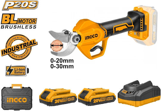 Ingco Pruning Shears Battery Brushless 20V 2x2Ah with Maximum Cutting Diameter 30mm in Carrying Case
