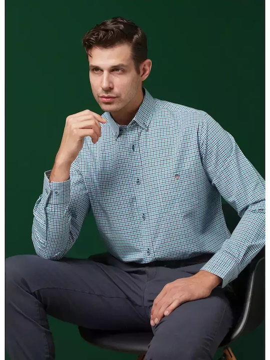 Cu mânecă lungă Bumbac Cămașă Carou Teal, Navy