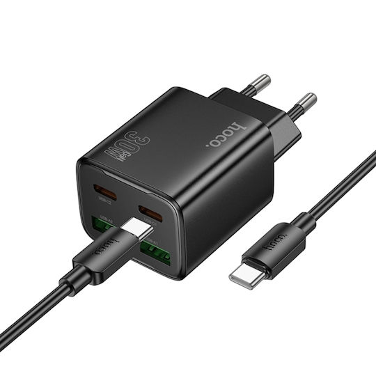 Hoco Charger with 2 USB-A Ports and 2 USB-C Ports and Cable USB-C - USB-C 30W Power Delivery / Quick Charge 3.0 Blacks (N56 Fundador)