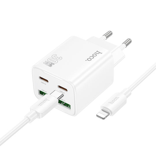 Hoco Mobile Phone Charger With 2 USB-A Output Ports And 2 USB-C Output Ports And USB-C - Lightning Cable 30W Power Delivery Quick Charge 3.0 White N56 Fundador
