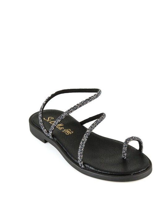 Black Leather Handmade Glitter Flat Sandal