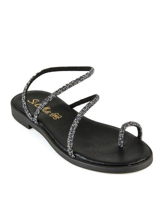 Μαύρο Δερμάτινο Χειροποίητο Flat Σανδάλι Glitter