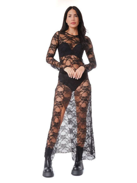 Sommer Maxi Abendkleid mit Spitze & Transparenz Schwarz