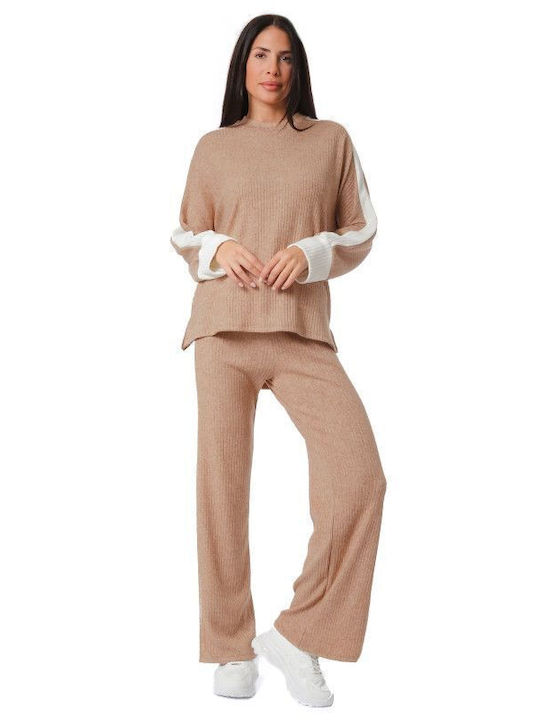 Beige Knitted Stripe Tracksuit Set