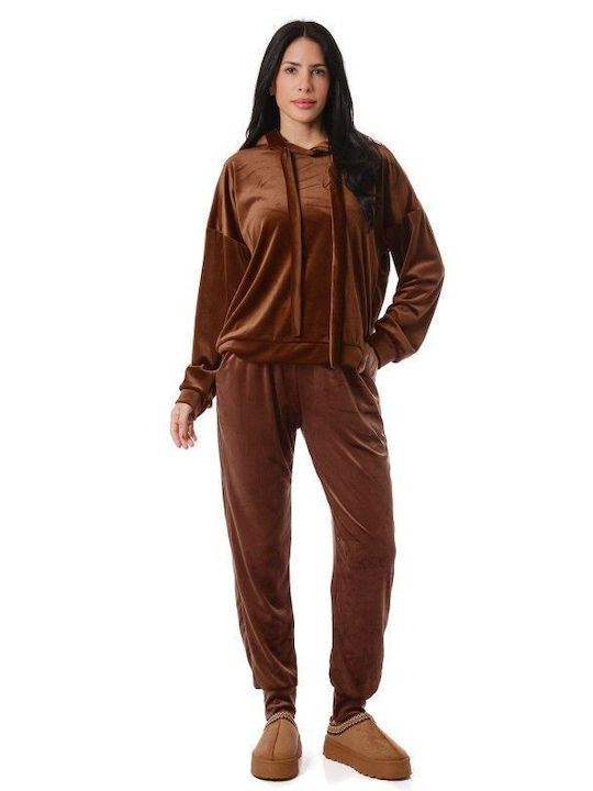 Brown Velour Tracksuit with Hood