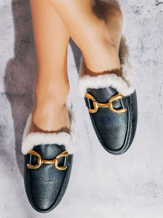 Black Mules with Fur Decoration