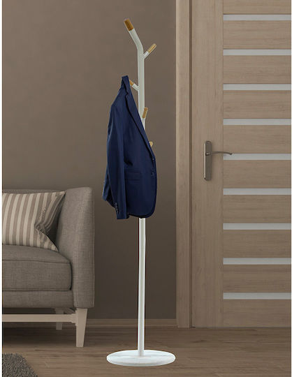 Cuier metalic 600708 alb Ø36.5x175cm cu cârlige din lemn Cuier metalic 600708 alb Ø36.5x175cm cu cârlige din lemn
