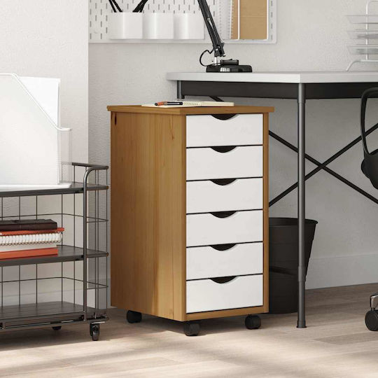 Vidaxl Rolling Cabinet with Drawers Moss Honey Brown Solid Pine Wood 34x39x65.5cm 1 Piece Brown