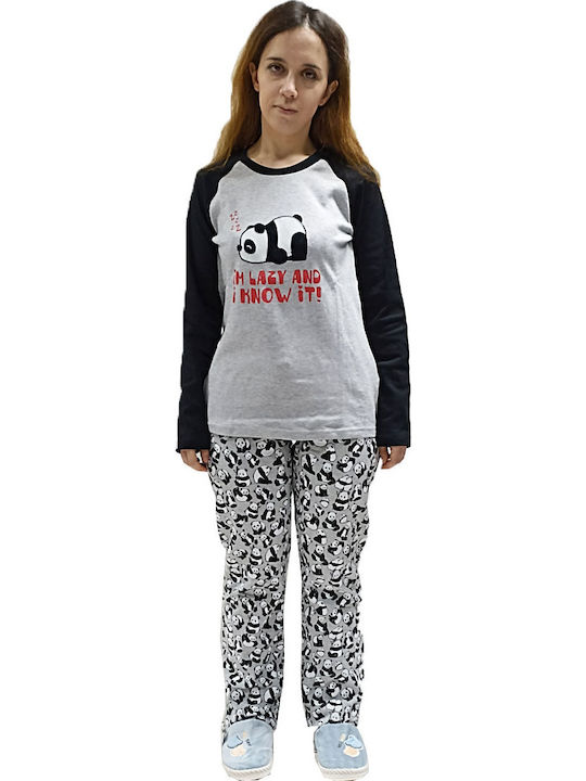 Apple Γυναικεία Πυτζάμα Panda Βαμβάκι Normal Fit Γκρί