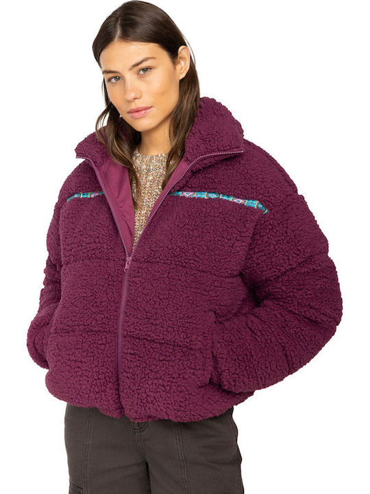 Sherpa Puffer Women's Short Puffer Jacket for Winter with Hood Blackberry