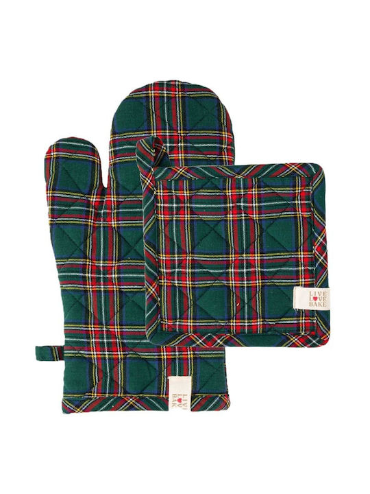 Amo La Casa Set Cotton Checkered Tartan Cypress Oven Mitts