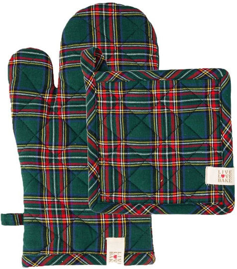 Amo La Casa Σετ Γάντι Πιάστρα Βαμβακερά Καρώ Tartan Κυπαρισσί
