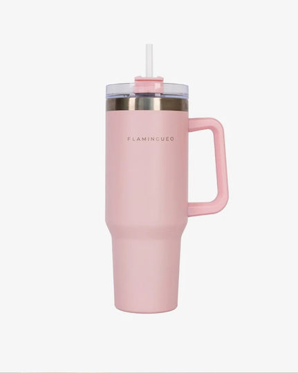 Flamingueo Handled Tumbler Θερμός Ανοξείδωτο 1.18lt Ροζ με Καλαμάκι και Λαβή