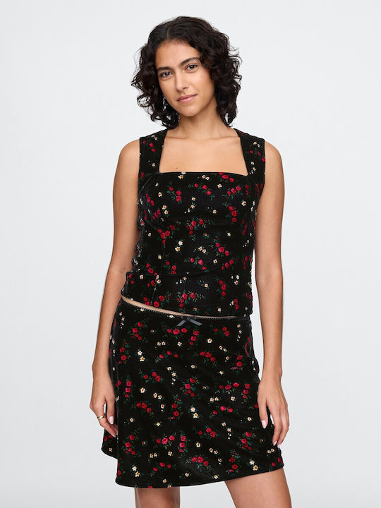 Γυναικείο Crop Top Βελούδινο Floral Μαύρο