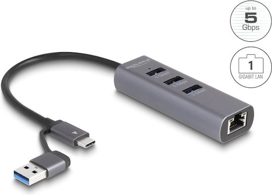 DeLock USB Хъб 3 Порта USB 3.0 с Връзка USB-A / USB-C / Ethernet Сив