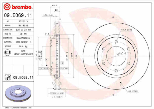 Brembo Brake Disc Front Right and Left Mitsubishi Pajero Sport III 2.4d 08.15 Diameter 321 Mm 6 Holes 28 Mm Thickness