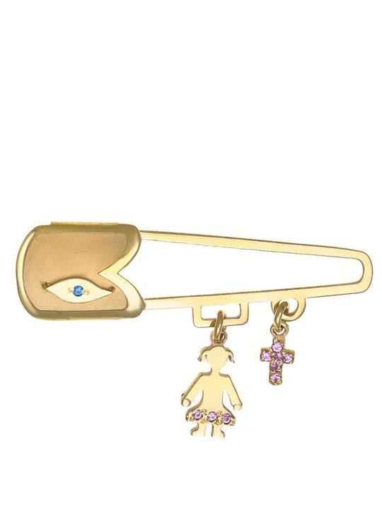Ioannis Kosmima Child Safety Pin made of Gold 9K with Cross for Girl
