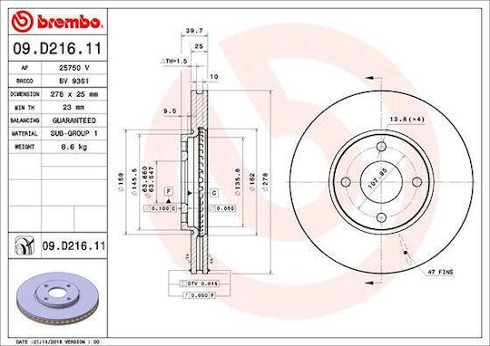Front Brake Disc Right Left Brembo Ford Ecosport 1.0 1.5 1.5d 10.12 Diameter 278mm Thickness 25mm 4 Ventilated Holes Internal