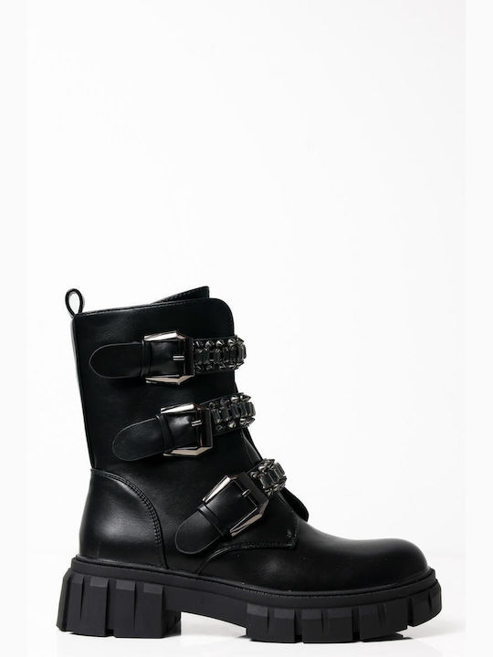 Black Ankle Boots with Buckle and Lug Sole