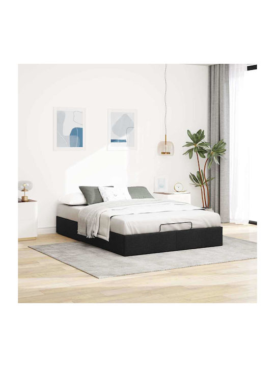 Double Upholstered Bed Base with Fabric Black with Storage Space & Slats for Mattress 140x200cm